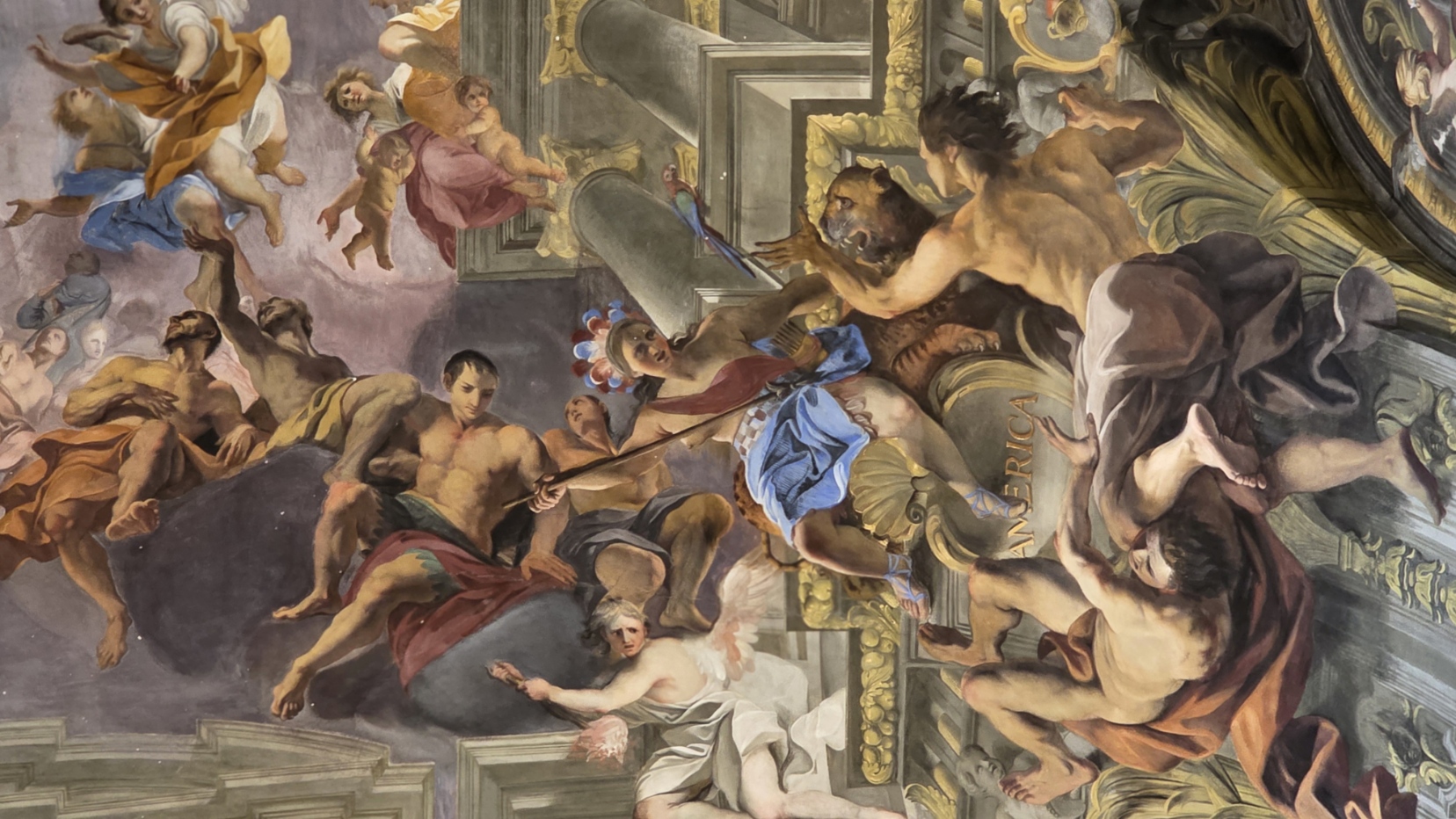 Figures tumbling through cloud in a baroque ceiling fresco